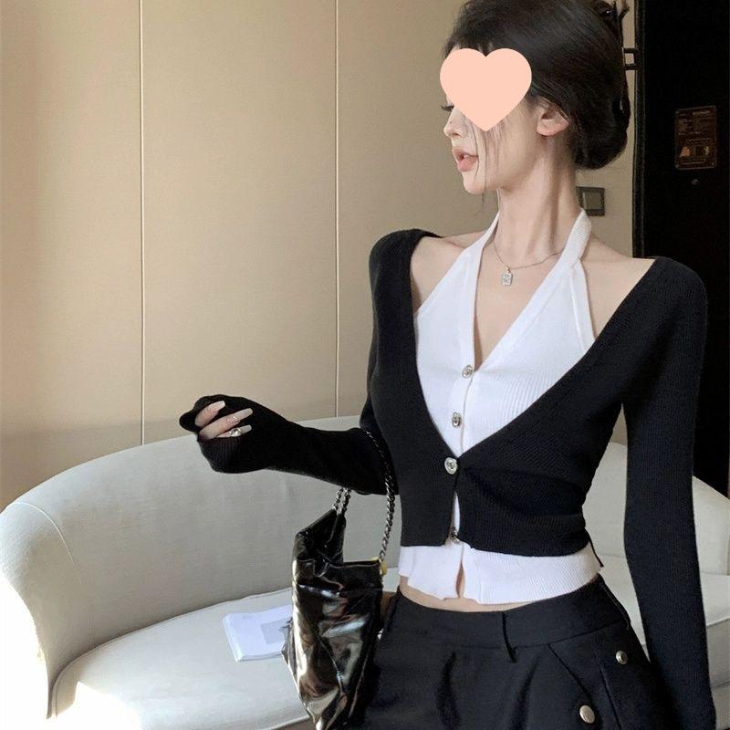 V-Neck Patchwork Knit Cardigan - Women's Early Autumn Slim Fit Sweater