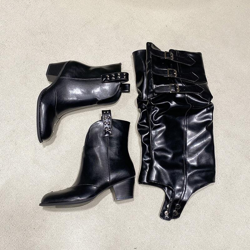 

Женские сапоги съемной конструкции, два варианта носки, с ремешком и пряжкой, ботфорты до колена, роскошные кожаные ботильоны с острым носком в британском стиле 34 чёрный