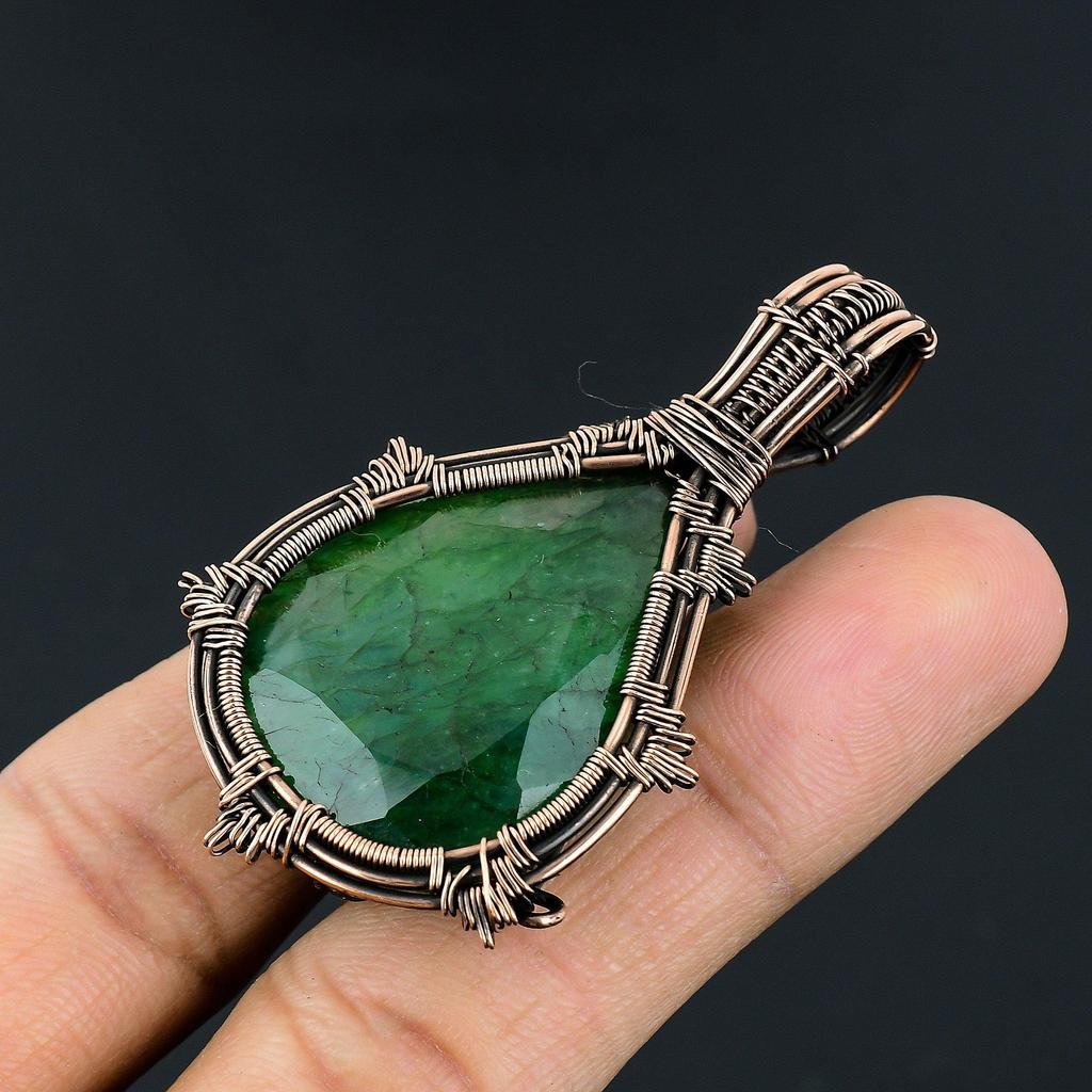 Emerald Pendant, 999 Copper Wire Wrapped Pendant Gemstone Jewelry, Handmade Pendant Amazing Jewelry, Gift For Her