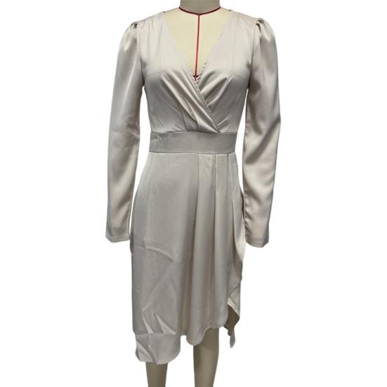 Women's V Neck Long Sleeve Satin Dress Split Ruffle Hem Wrap Midi Dress Formal Cocktail Wedding Guest Dress