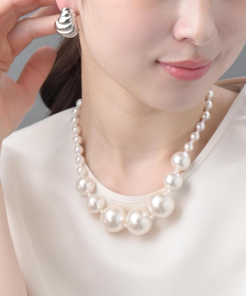 VINGTAINE Pearl Necklace, Gradient Line, Large Pearls, Elegant, for Occasions, Formal Occasions, Receptions, Parties, Weddings, GraduationEntrance