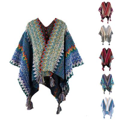 Womens Ethnic  Retro Sassel Head Cape Thick Color Striped Shawl Scarf