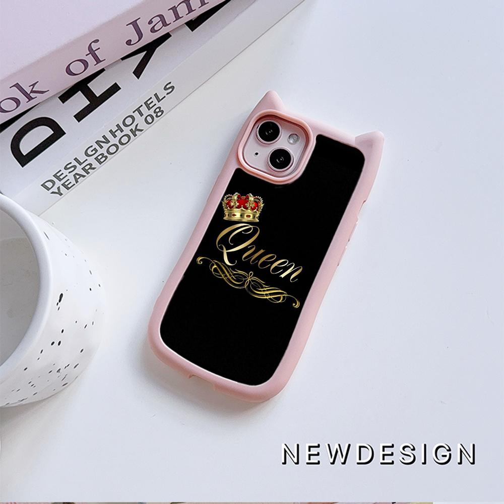 Huse de telefon moale pentru ureche de pisică pentru iPhone 16 15 13 12 11 Pro Max 14 Plus XR TPU Copertă din spate acrilic transparent anti-cădere N84 King Queen Cuplu