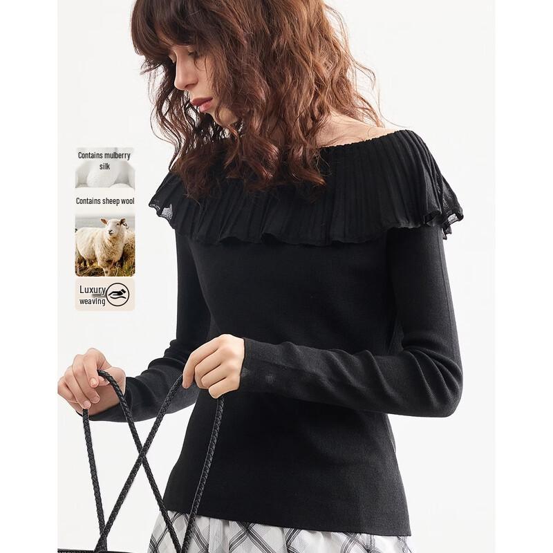 Women s Elegant Silk Wool Blend Ruffle Knit Sweater L