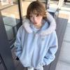 Women's Retro Oversized Hooded Cardigan with Fur Collar - Korean Style for Spring & Autumn 2026