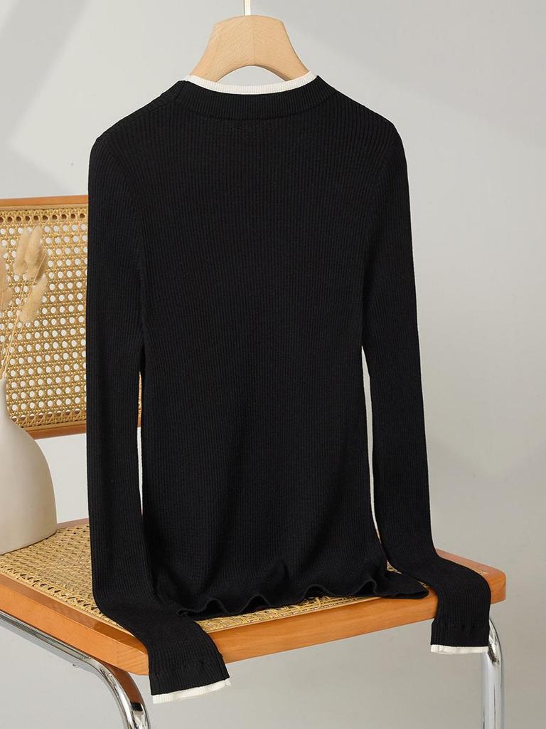 Mulberry Silk Blend Fake Two-Piece Ribbed Knit Slim-Fit Base Layer for Women - Spring/Autumn 2026