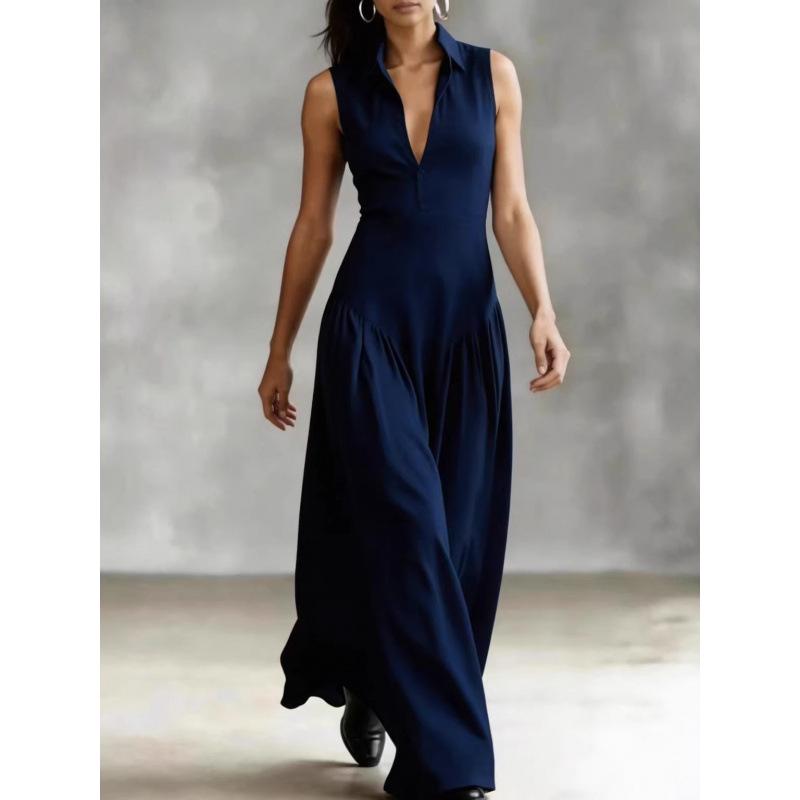 Elegant Black V-Neck Sleeveless Maxi Dress with Cinched Waist, Perfect for Work and Evening Events