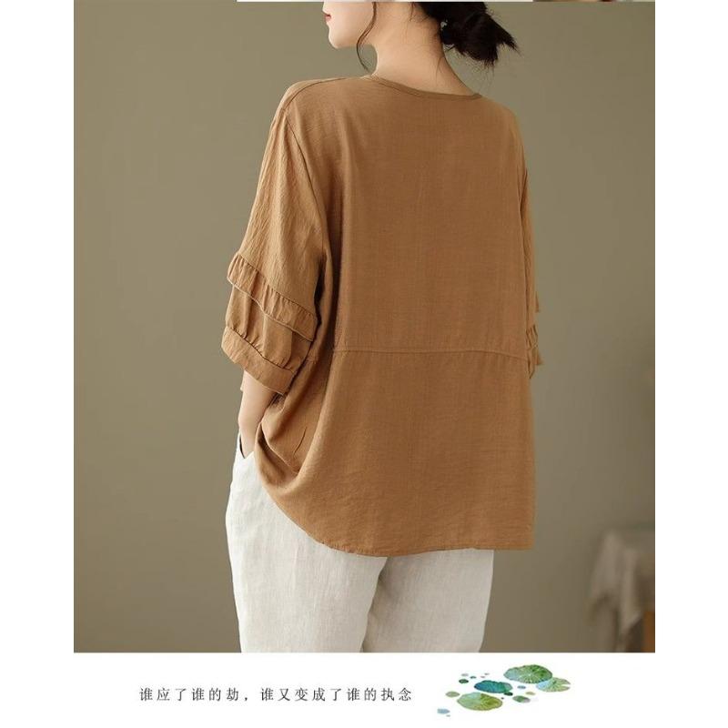 New Cotton Linen Retro Lazy Shirt Women's Summer Thin Loose Short-sleeved Versatile Top
