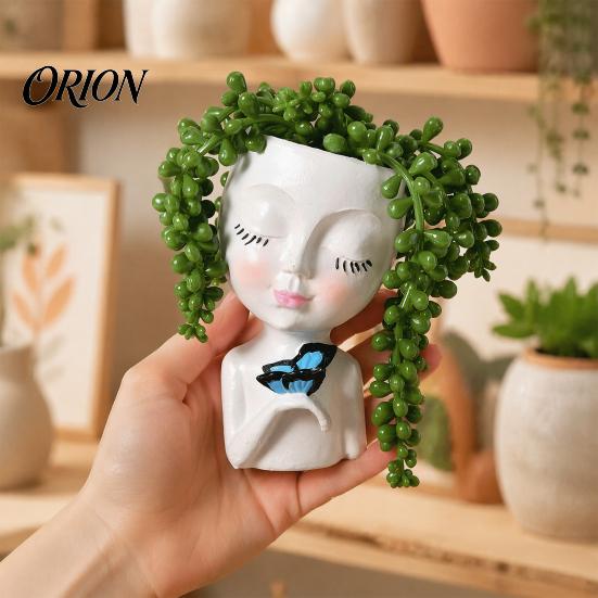 Makeup Brush Holder Creative Resin Girl Portrait Flowerpot for Green Plants Succulents, Holder, Multifunctional Head Vase Vase, Decorative Desktop