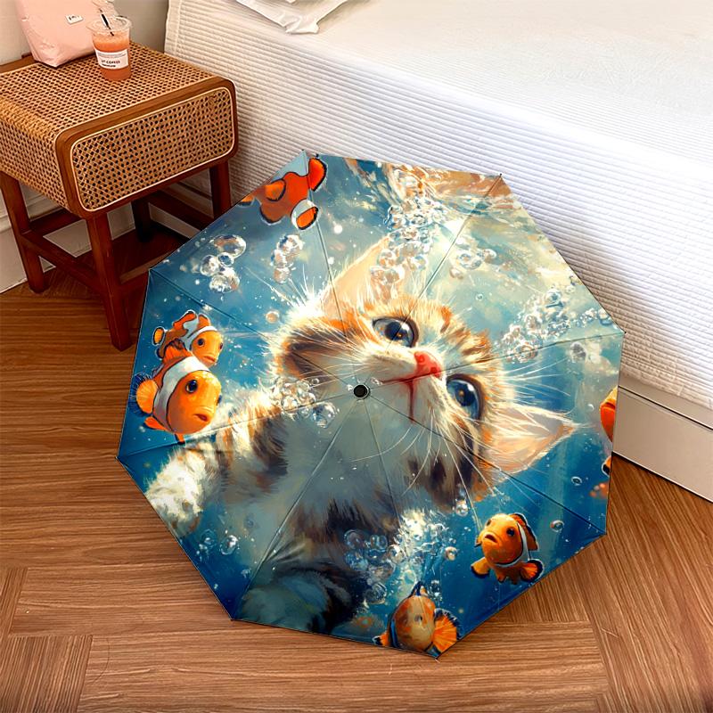 1 PC Automatic Folding Umbrella - Kitten Clownfish Pattern, Portable & Foldable Design with 8 Ribs, Christmas Birthday Gifts