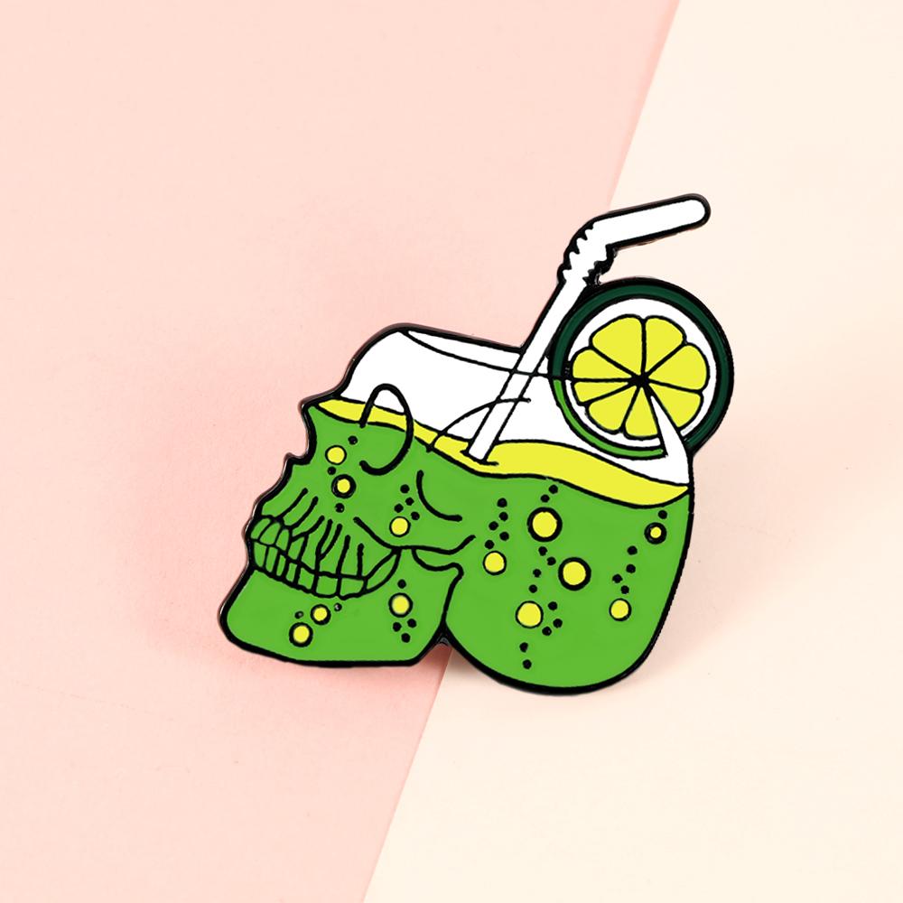 Summer Drink Lemon Juice Skull Enamel Pins Punk Skeleton Brooch Bag Clothes Lapel Pin Gothic Badge Holiday Party Jewelry Gift