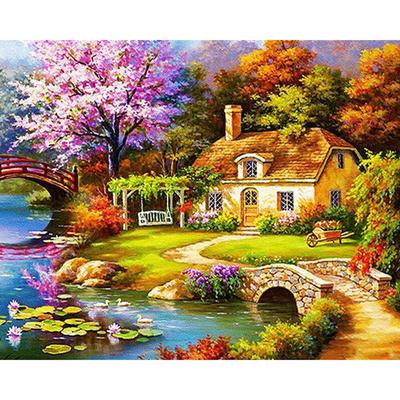 Súprava na vyšívanie krížikom Urob si sám Diamantové vyšívanie Dom pri rieke Celá okrúhla diamantová maľba Mosaic Home Decor