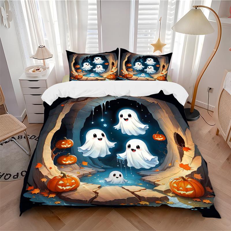 3pcs Cute Ghost Pumpkin Bedding Set - 1 Soft Quilt Cover + 2 Pillowcases, Machine Washable - Suitable for All Seasons, Perfect Gift for Fami