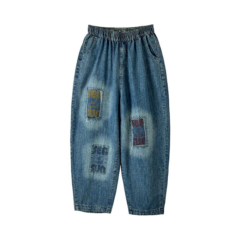 Vintage Style Patch Jeans Fashion Print Loose Summer Cropped Pants Female Casual High Waist Women Denim Pants 2025 New