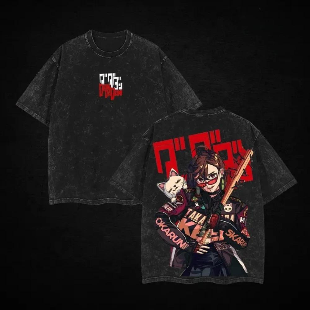 Dandadan Takakura Ken (Berserk Form) & Lucky Cat Vintage Washed Double-Sided Anime T-Shirt, Unisex Supernatural Manga Fan Streetwear Tee