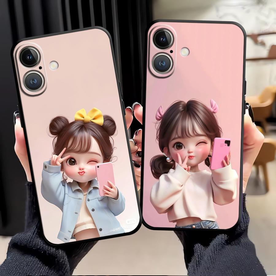 Cartoon Cute Girl Case for iPhone 7 8 15 16 14 Plus Air XS Max XR 13 12 11 17 Pro Max Black Soft Phone Cover