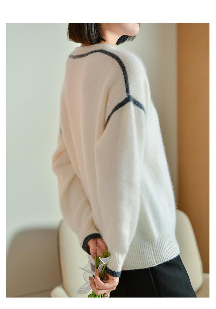 Women's Pure Wool Round Neck Color Block Sweater - Autumn/Winter 2024 Korean Style Loose Fit Pullover