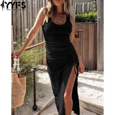 Women's Fashion Summer Spring Solid Color Print Sleeveless U-Neck High Waist Casual Dresses