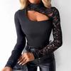 Elegante Camiseta Irregular de Manga Larga con Patchwork de Encaje de Primavera