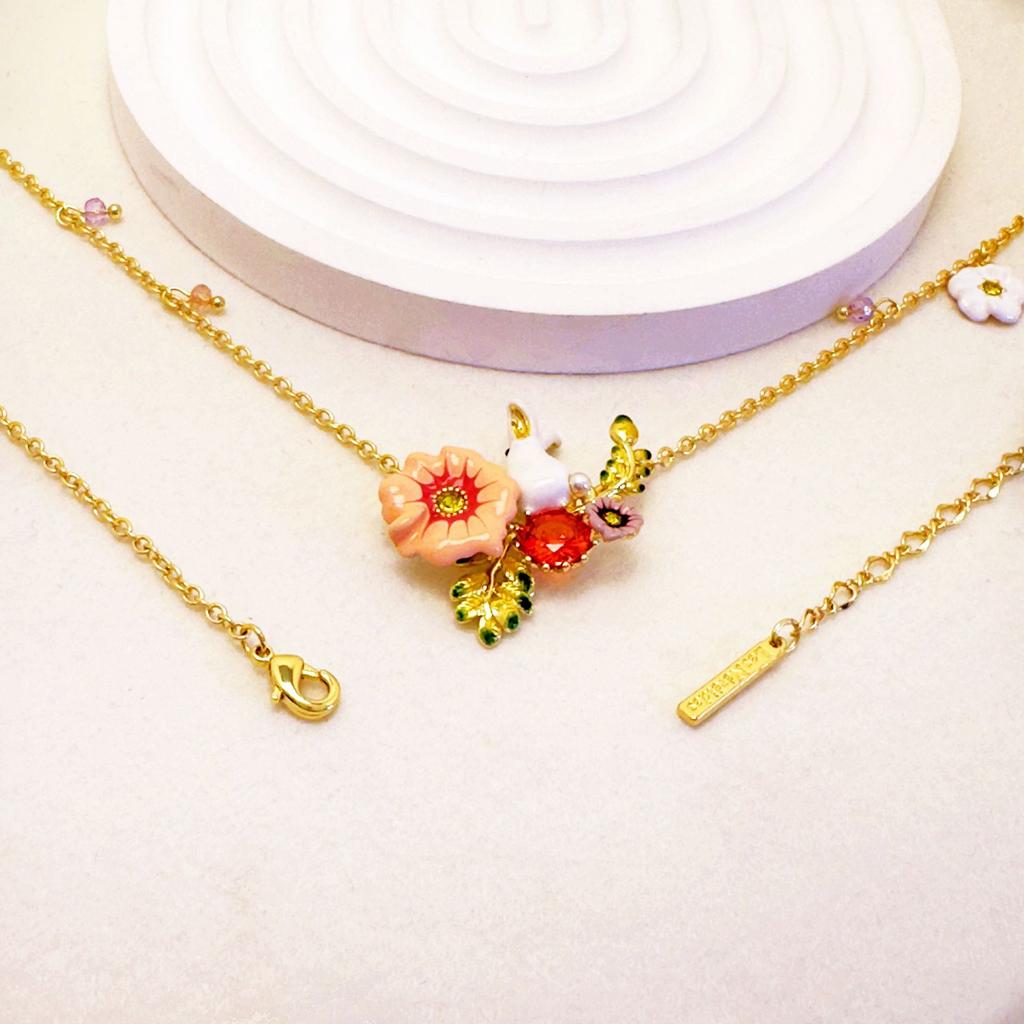 Dopamine 18K Gold Plated Enamel Painted Magic Adventure Series Little White Rabbit Flower Necklace Bracelet Collarbone Chain