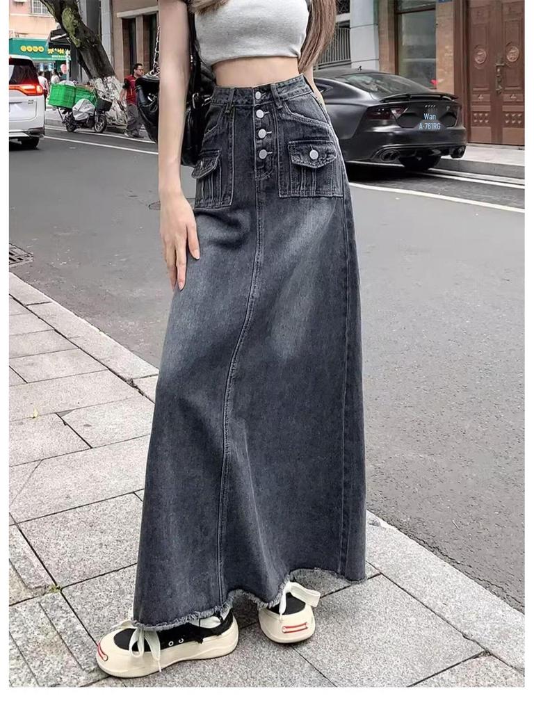 Vintage Korean Style High-Waist Denim Midi Skirt for Women - Early Spring/Summer A-Line Bodycon