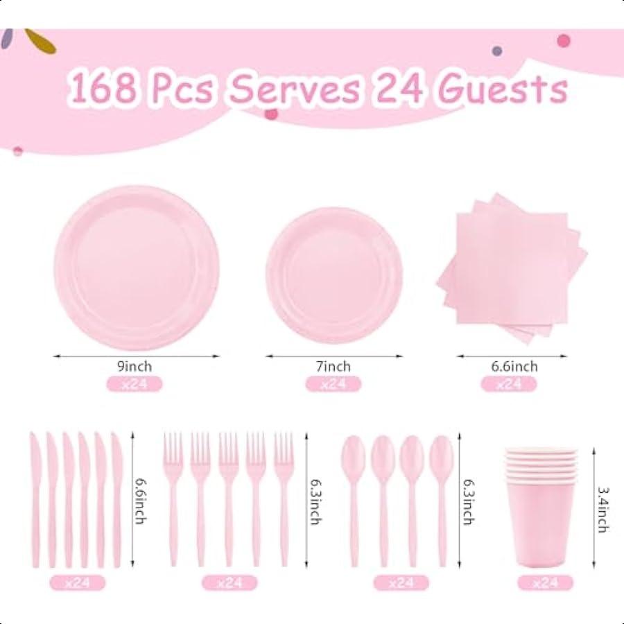 168 Pcs Pink Paper Plates and Napkins Mother Day Plates Light Pink Party Supplies Include Round Plate Napkins Cups Plastic Spoo