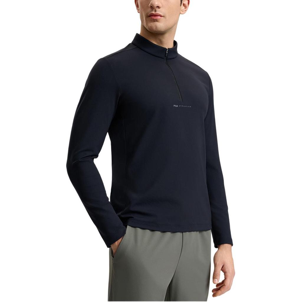 FILA Versatile Half-Zip Stand Collar Long Sleeve Breathable T-Shirt Men Tops Deep-Black A11M511201FBK