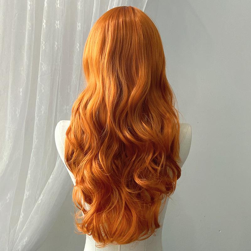 Orange Long Curly Wig with Bangs - Wavy Synthetic Hair, Full Coverage