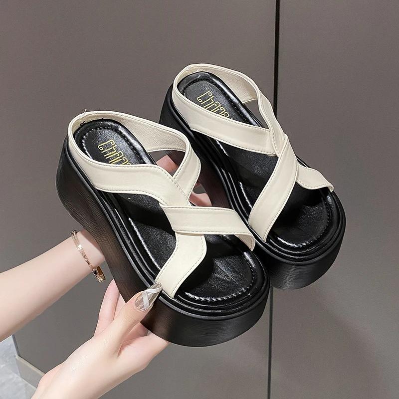 Summer Women Slippers Beach Flip-Flops Ladies Chunky Leather Shoes Wedge Heels Outside Sandals Woman High Platform Slippers 8CM