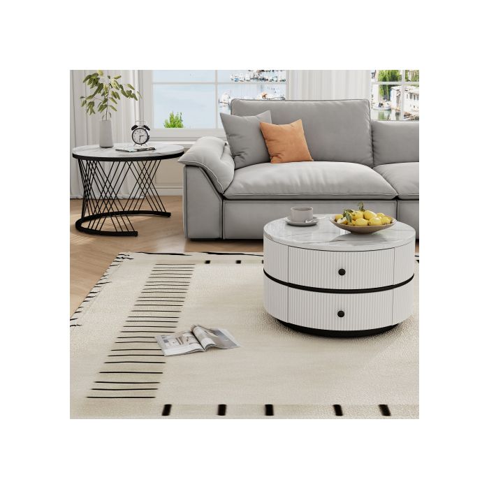 Nesting Coffee Table Set - MUVOE - Polished Marble - 2 Drawers - White - 60x60cm and 50x50cm