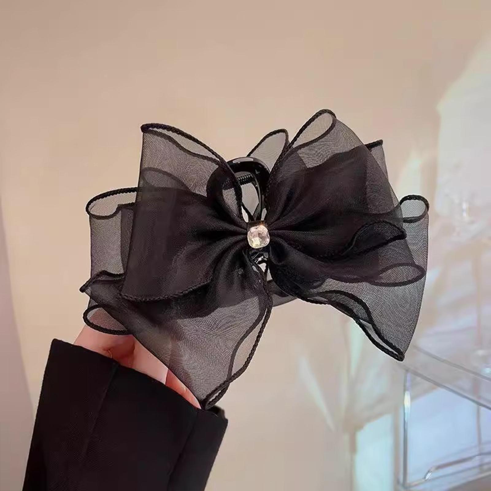 Elegant Black Bowknot Hair Claw for Women Bow Hair Claw Super Fairy Rhinestone Ponytail Braid Hair Claw Clip for Girlfriend