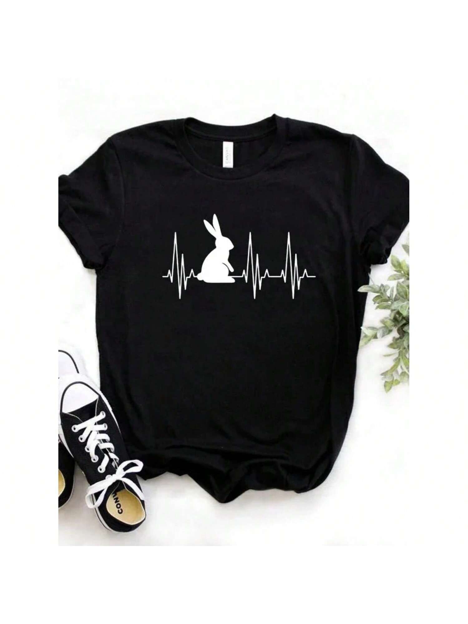 Wounisex T Shirt Bunny Heartbeat Rabbit Print Tshirt Wounisex Short Sleeve O Neck Loose T-Shirt Ladies Causal Tee Shirt Tops S разноцветный