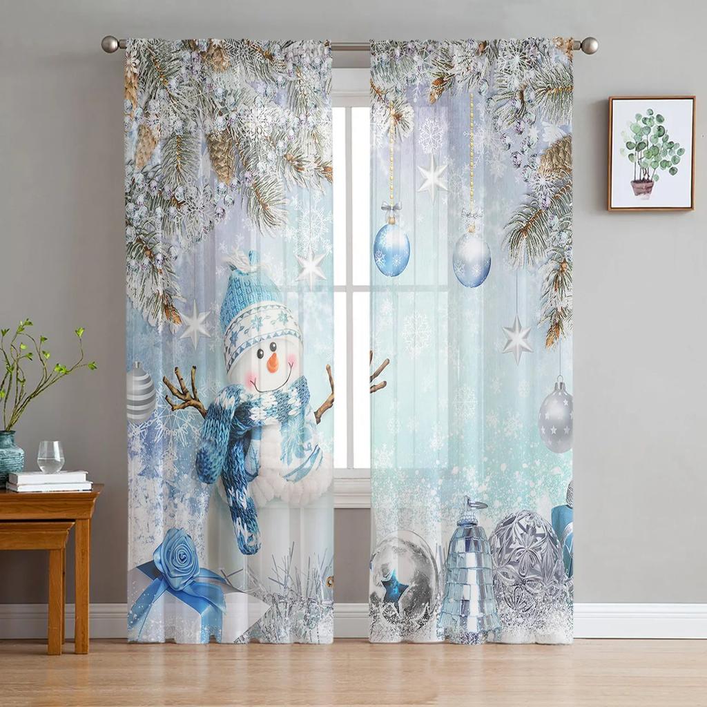Christmas Tree Leaves Green Red Ball Snowflake Plant Tulle Sheer Window Curtains Living Room Voile Organza Curtains Drapes