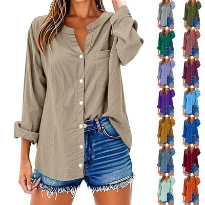 Women's Fashion Casual Solid Color T-Shirt Cotton Linen Long Sleeve Cardigan Loose Top