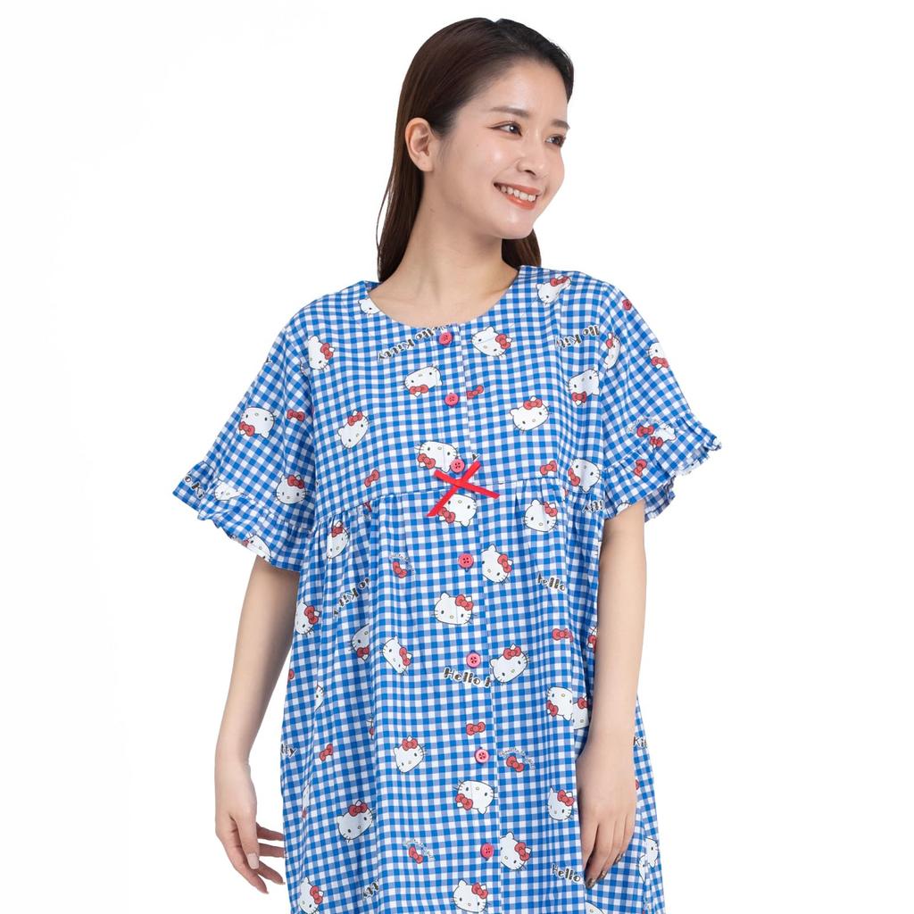 Hello Kitty One Piece Nightgown Cotton Broadband Button Front Room Wear Loungewear Gingham Hello Kitty [SAZAC] 100% Women's (Blue/M-L/SAN1779)