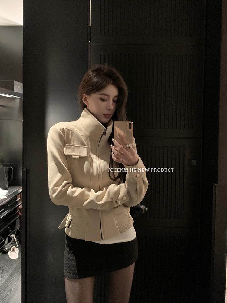 Women's Korean Style Retro Faux Suede Slim Fit Motorcycle Jacket