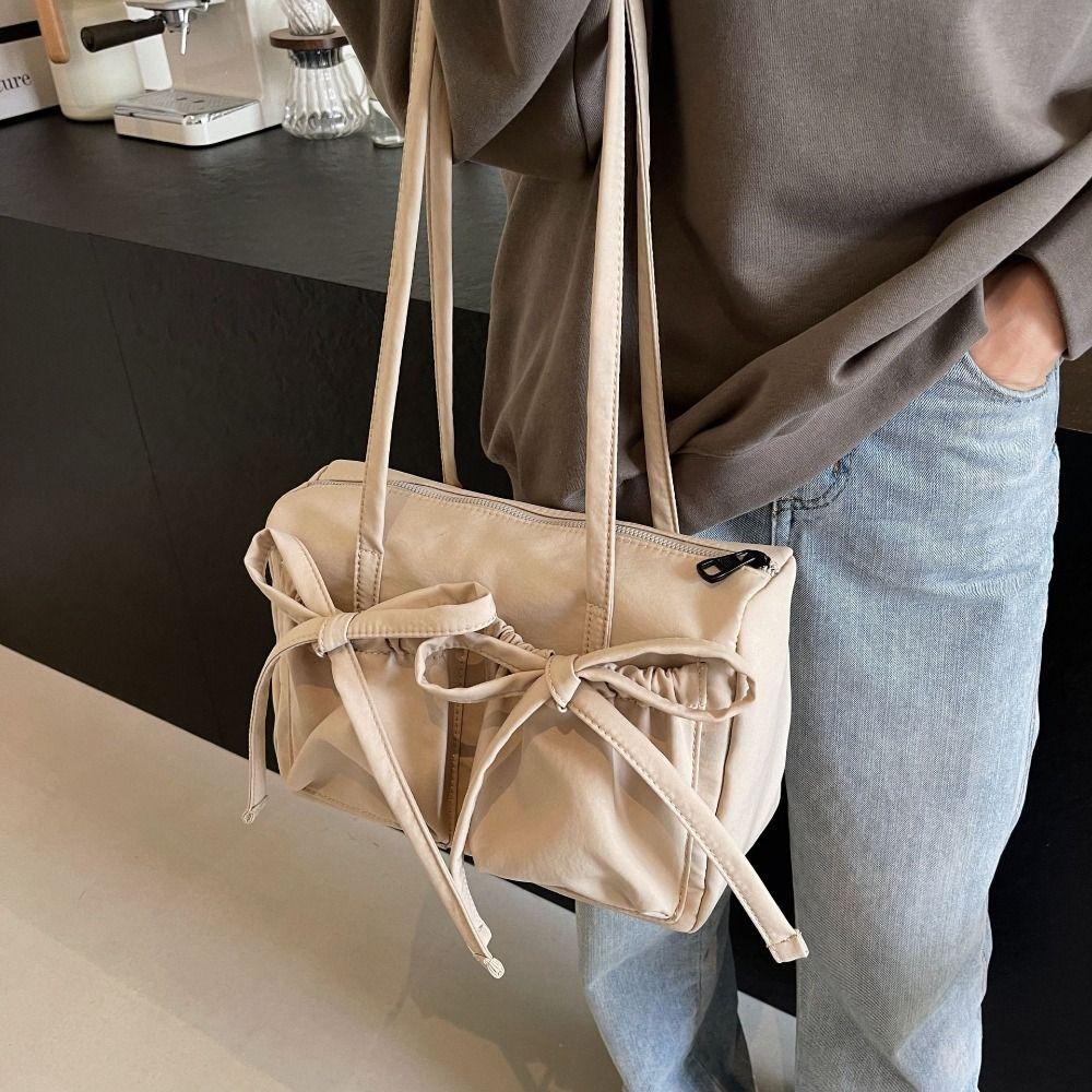 Large Capacity Pleated Shoulder Bag Korean Style Armpit Bag Fashion Bow Nylon Tote Bag  Girls