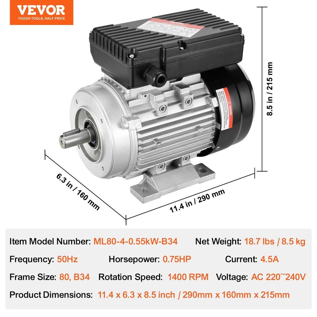 0.55KW Electric Motor 1400RPM AC 220~240V 4.5A 1-Phase 19mm Keyed Shaft