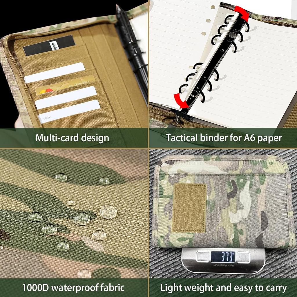Military Padfolio Ring Binder with 45 Sheets, Weatherproof Tactical Notebook Cover with Zippered for Folders, Cards, Army Military Notebook, Detachabl