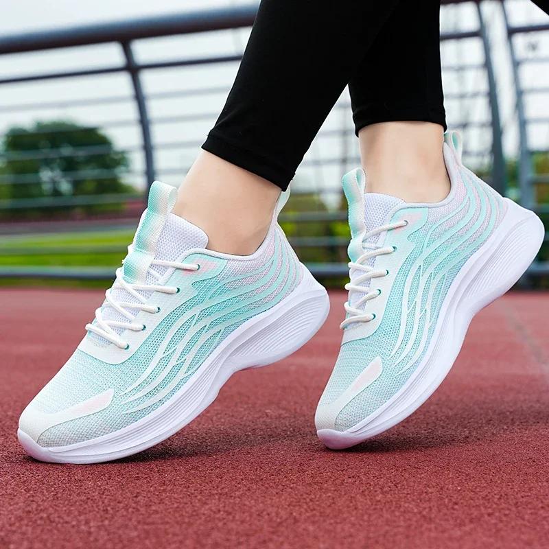 Women Breathable Soft Casual Sneakers Ladies Non-Slip Fitness Jogging Shoes Four Seasons Flying Weave Jelly Color Running Shoes