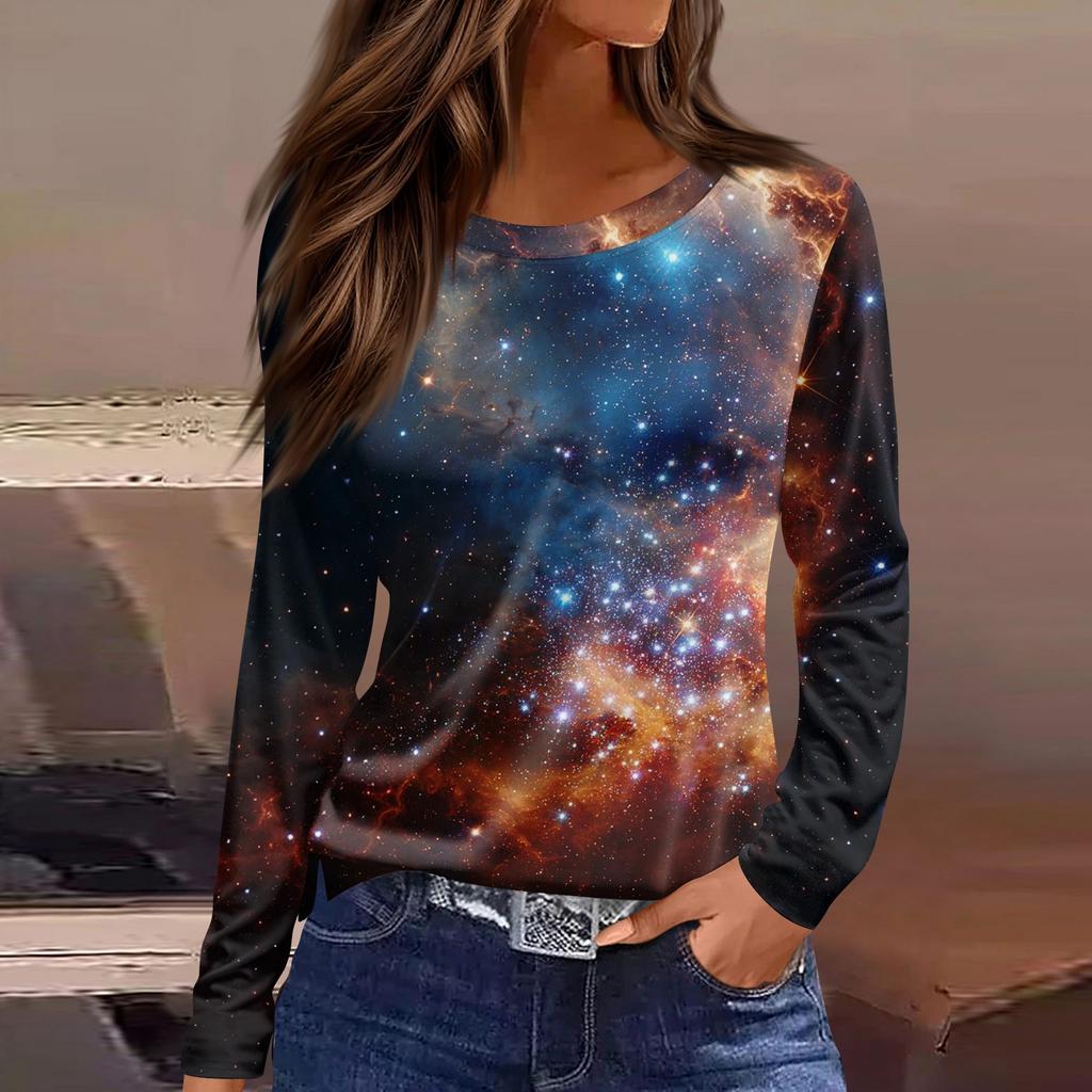 Damenmode Lässig Schlitz Saum Rundhals Langarm Lose Bedrucktes T-Shirt Damen Top