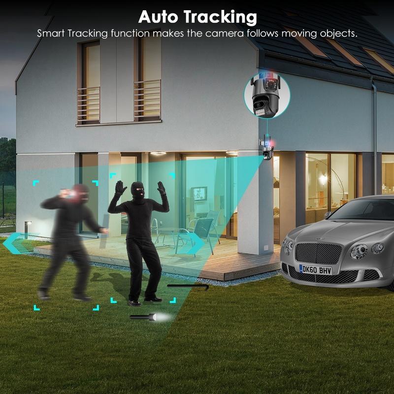 6MP 4K Wifi Security Camera, Dual Lens PTZ Outdoor Waterproof IP Camera with Police Light Alarm