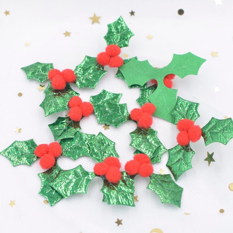 30Pcs Glitter Green Holly Leaf and 3D Red Berry Appliques Patches for Christmas Decor, Table Ornament, Stickers Accessories