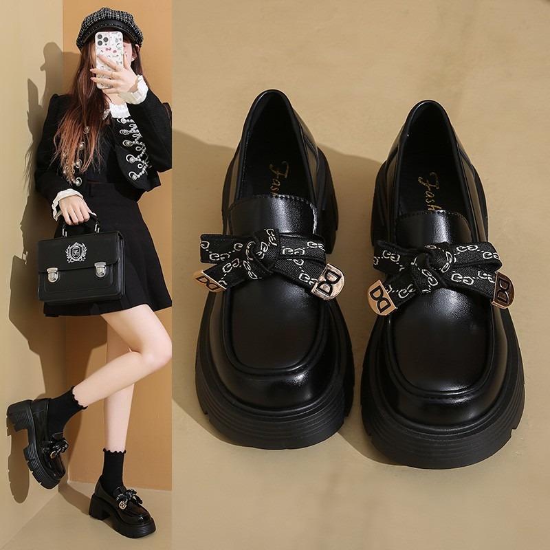 Spring Single Shoes Women's Retro Small Leather Shoes Women's Platform Muffin Shoes Bow One Pedal
