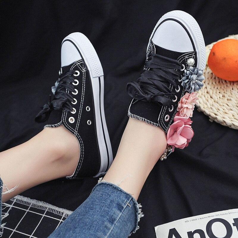 Modne Sneakersy Damskie Ręcznie Robione Kwiatowe Do Biegania Płócienne Nowe Zapatillas Mujer Casual Płaskie Wulkanizowane Białe Buty Jesień Słodkie