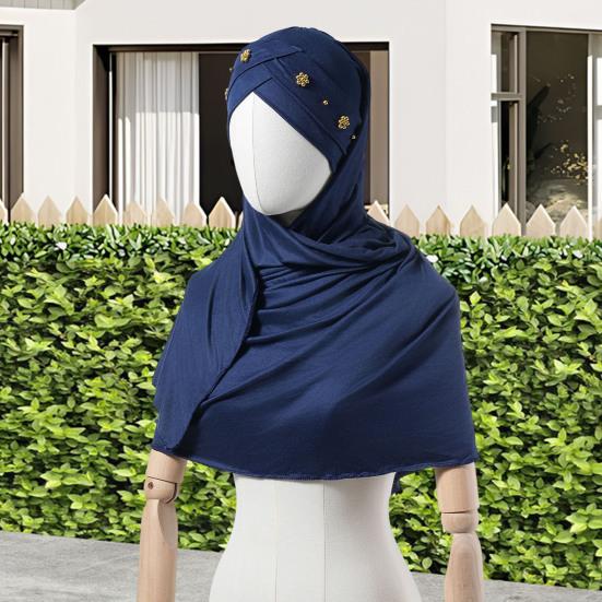 Headscarf Hat with Bright Bead Pleated Design Solid Color Shawl