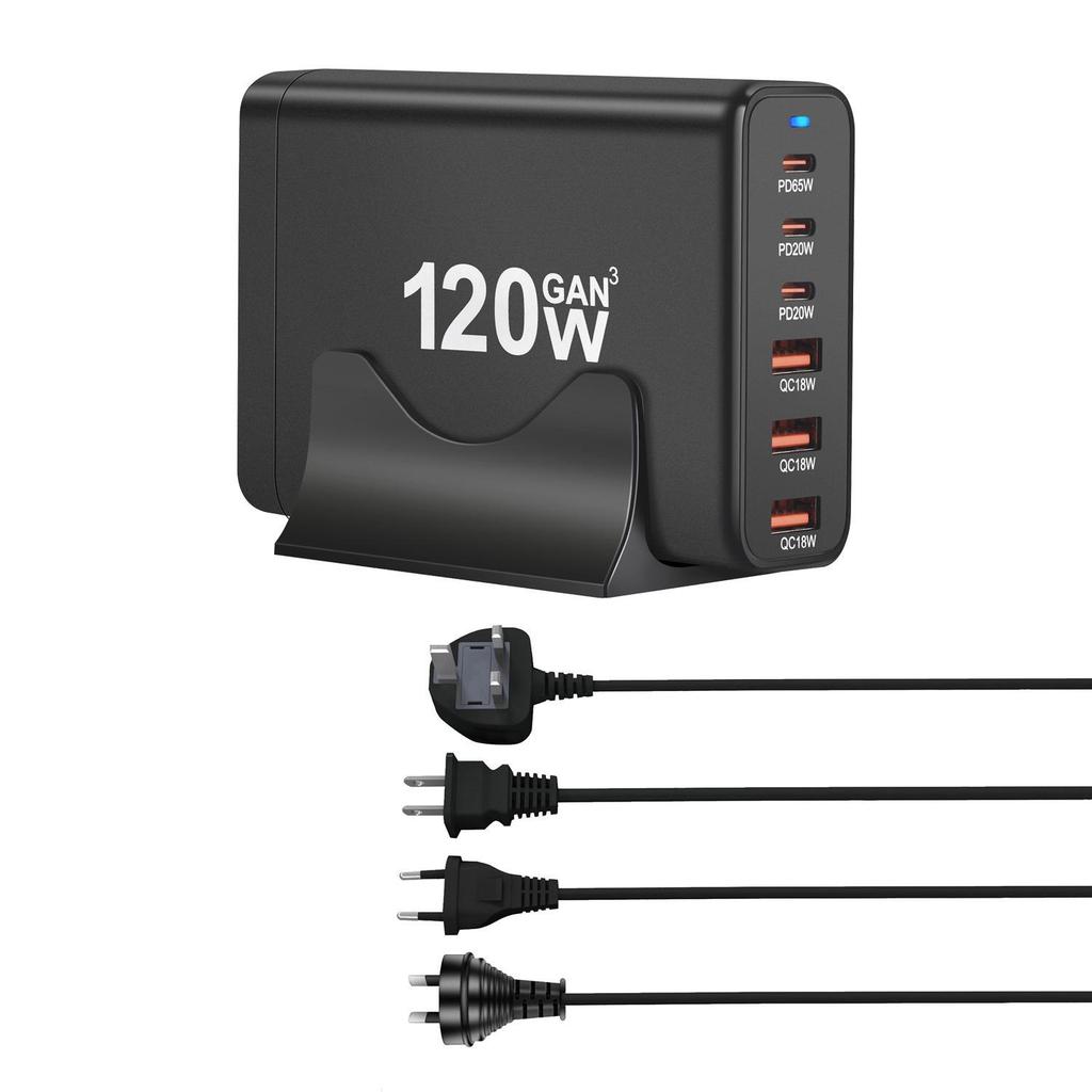 120W Gallium Nitride Desktop Charger 3A3C PD, 6 Ports for Direct Charging