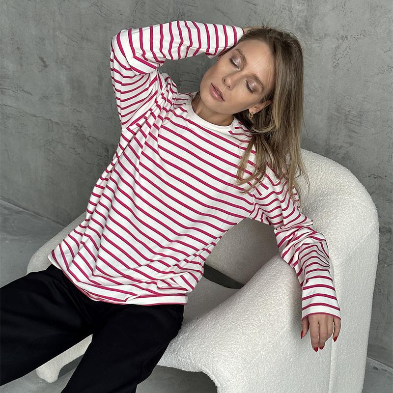 Cozy Loose Long Sleeve Striped T-Shirts Women Autumn Basic Casual Cotton Tops Round Neck Street Style Blouse