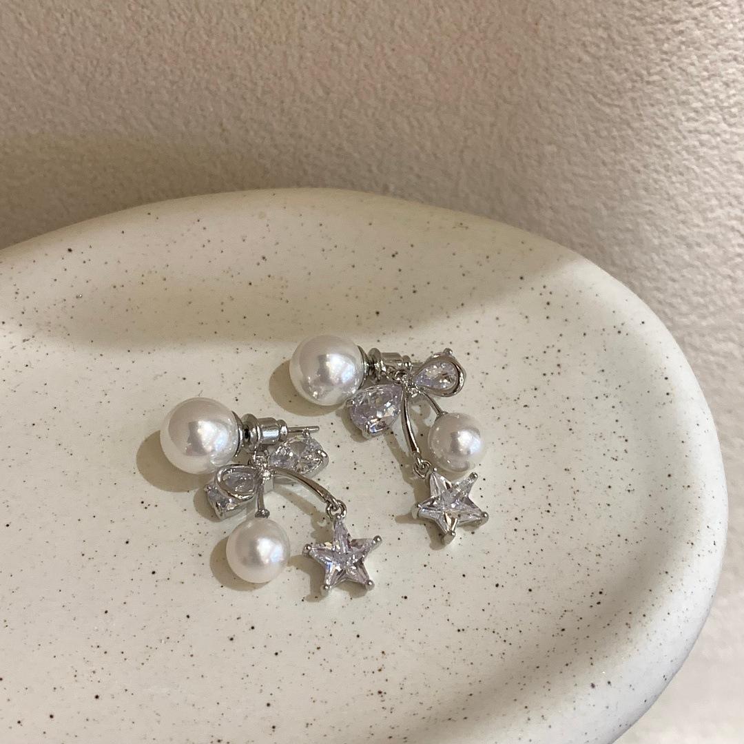 Zircon Pearl Bow Earrings Stylish Women Ear Jewelry