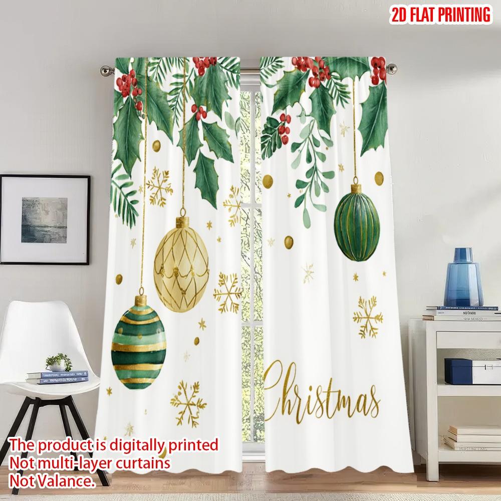 

2pcs 2D flat printing Happy Christmas Party Curtains Christmas Holly Ornaments Festive Digital Printed Polyester Drapes Family 100*130 HOOK 1pcs